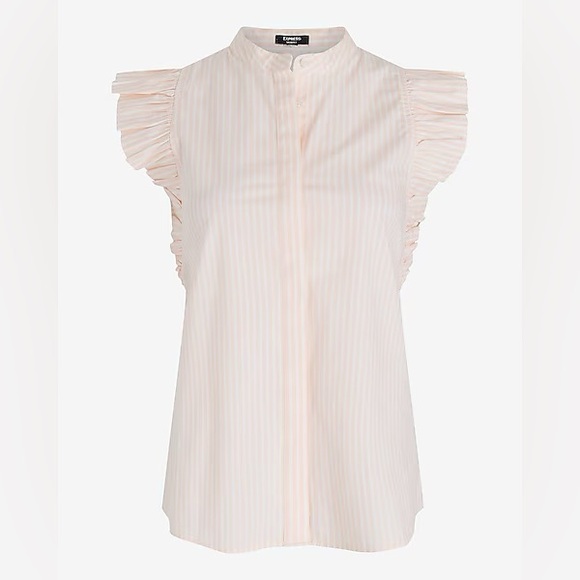 Express Poplin Striped Flutter Sleeve Button Up Gramercy Shirt Pink and White - Picture 5 of 7